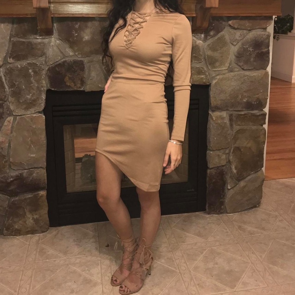 Elegant Tan Lace-Up Dress